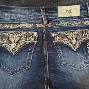 Miss Me Size 28 Mid-Rise Embroidered Swirly Rhinestone Designed Back Pockets Jea